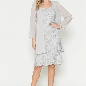 Sally Fashion #8852 Formal Dress With Jacket-Sizes M & L-Silver- New W/Tags